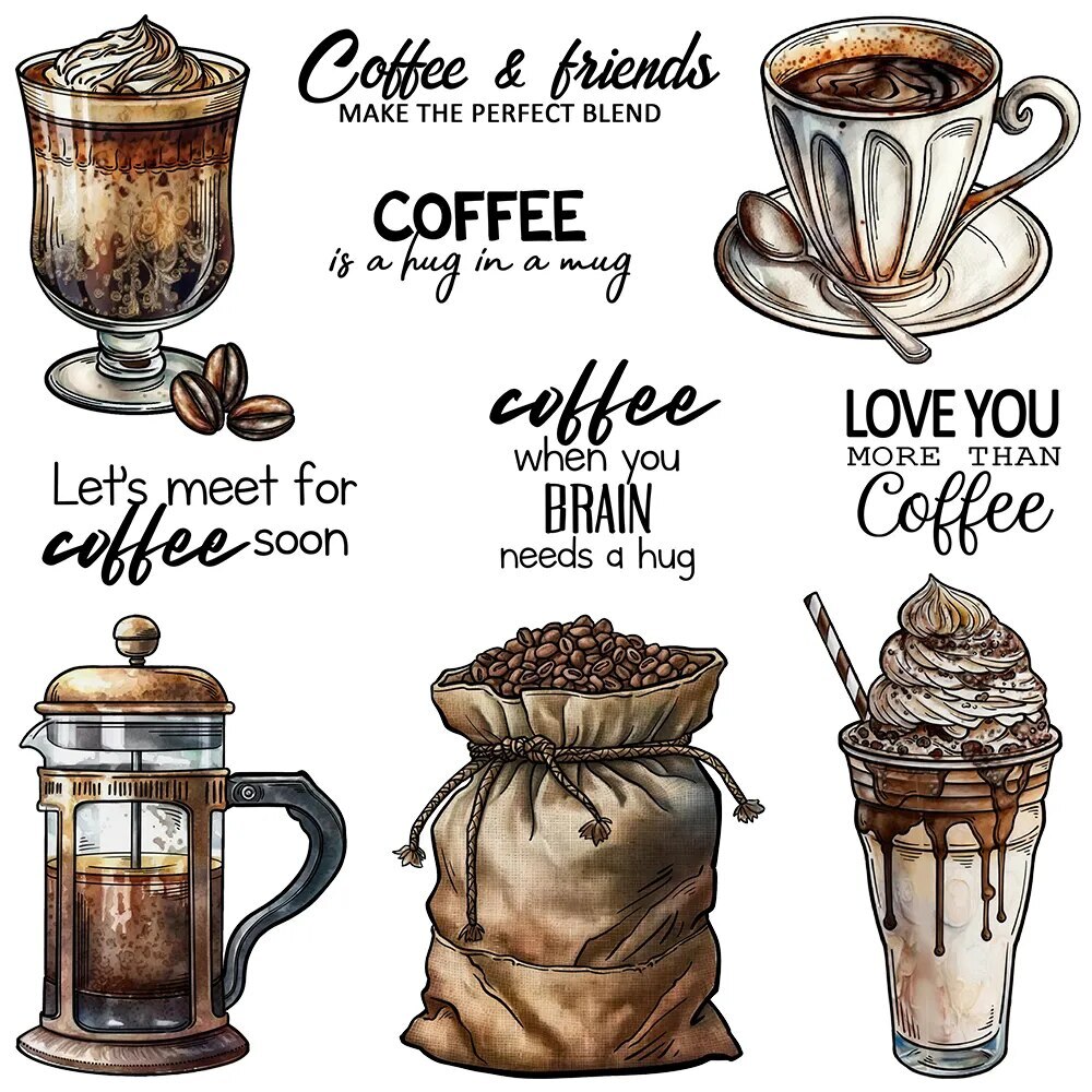 French Press Coffee Cups Bean Hug Mug Metal Dies Clear Stamps  