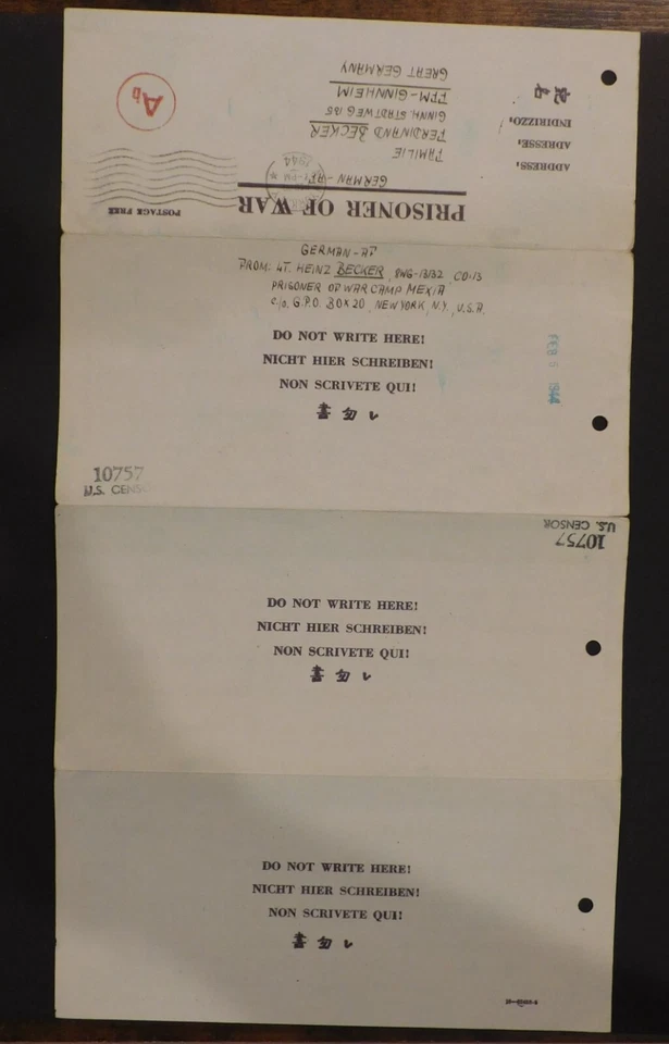 1944 Camp Mexia Texas USA Prisoner of war POW Letter Cover to Ginnheim Germany 2 - Image 4 of 4