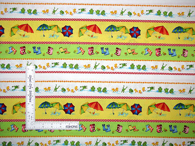 Rain Boot Umbrella Frog Stripe Cotton Fabric Red Rooster Puddle Jumper 1.2 Yards