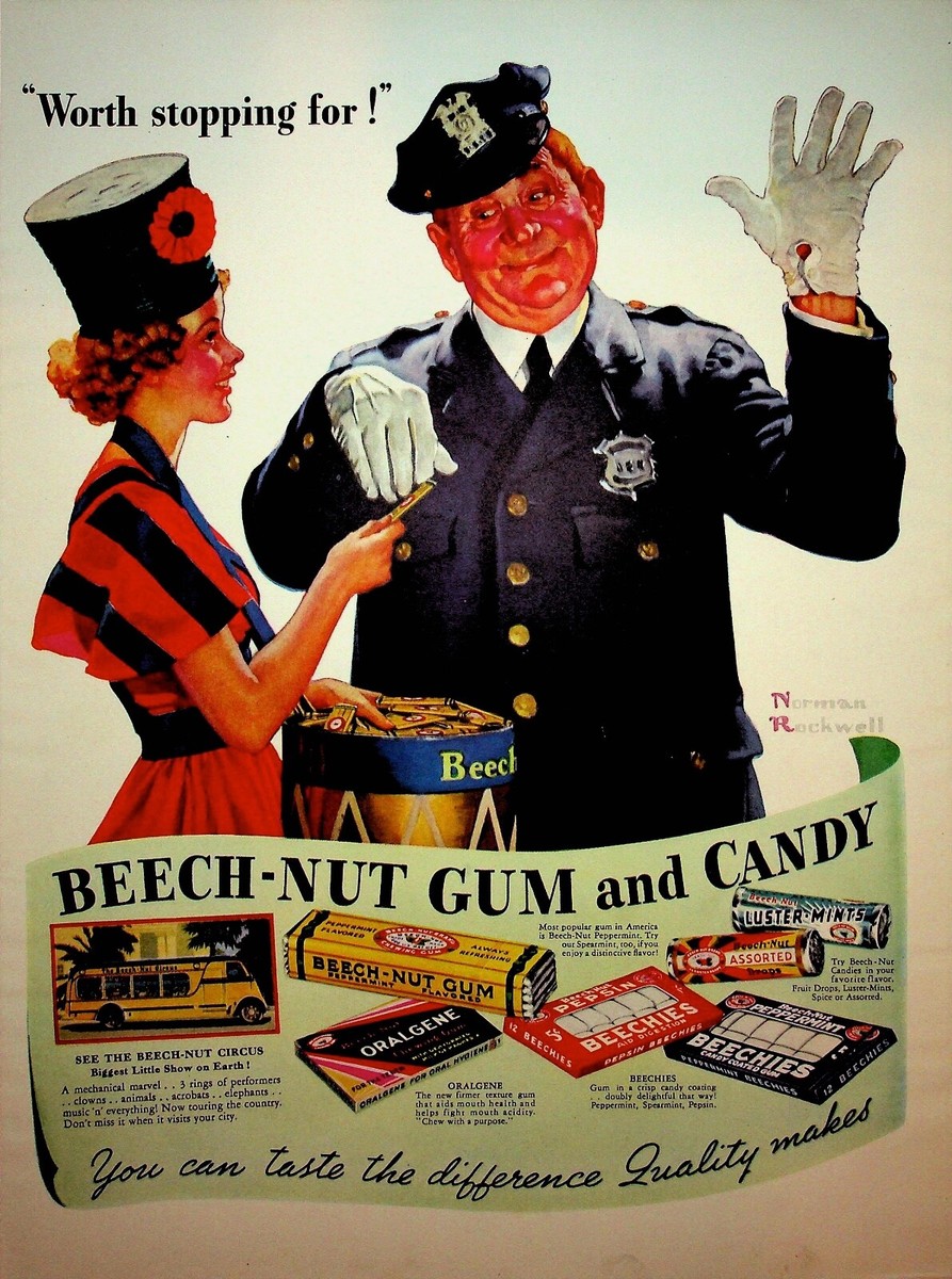 Original 1937 Beech-nut Gum Ad: Norman Rockwell Art Worth Stopping