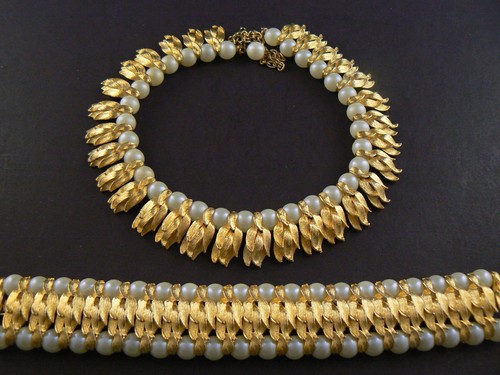 VINTAGE HALSKETTE ARMBAND SET GOLDTON KUNSTPERLE DESIGNER QUALITÄT - Bild 3 von 12
