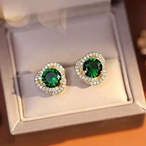 14K Yellow Gold Plated 2.10Ct Round Natural Green Emerald Halo Stud Earrings - Picture 7 of 9