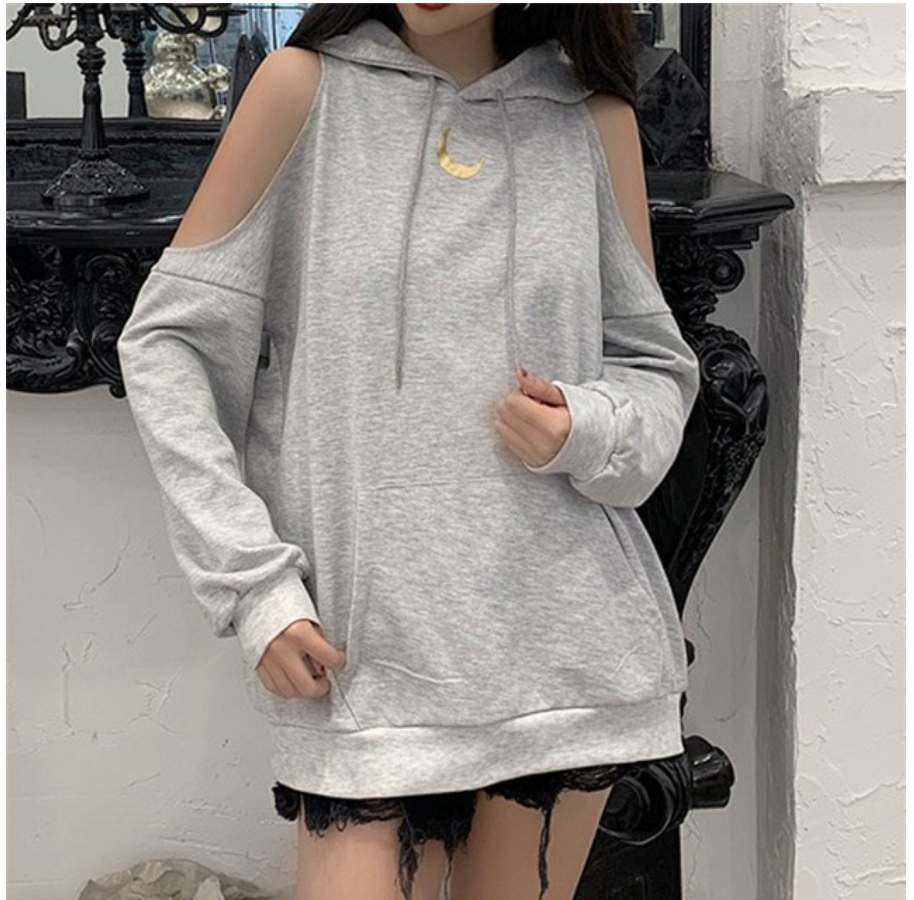 Gold Crescent Moon Cold Shoulder Hoodie Off Shoulder