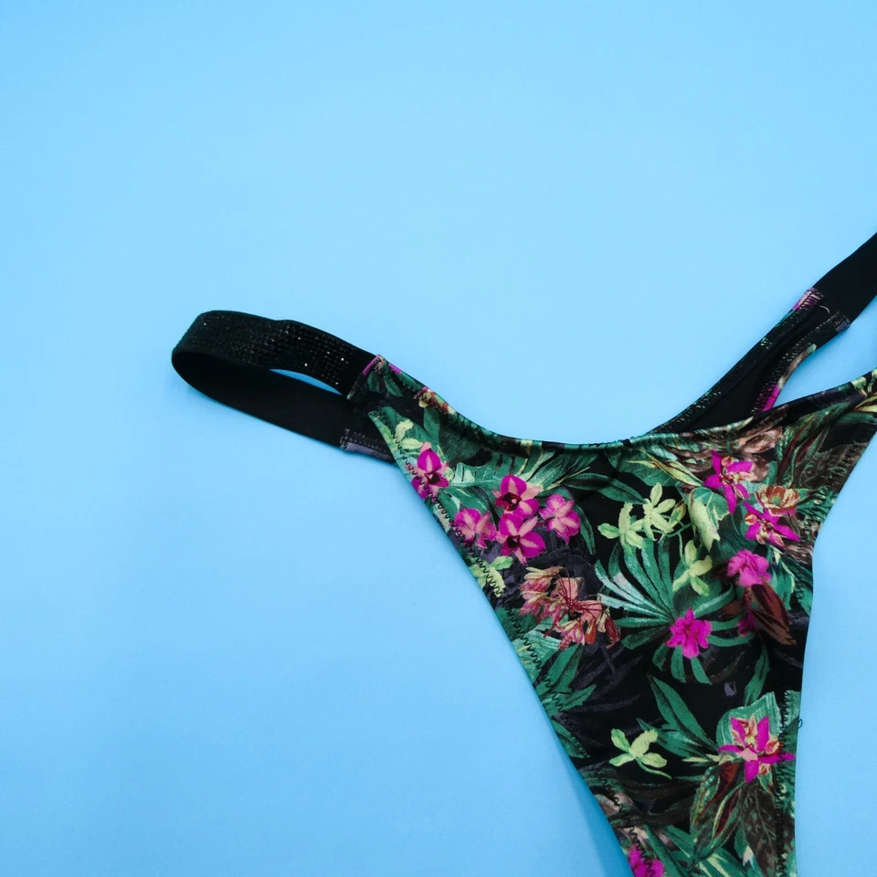 Victorias Secret Medium Green Floral Bling Deep Cut Thong Bikini Bottom Beach - Image 3 of 4