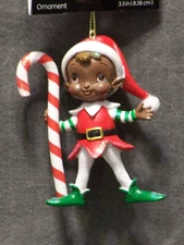 The Christmas Shoppe Tree Ornament 3.3" Dark Brown Tone Elf with Candy Cane