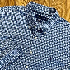 RALPH LAUREN Slim Fit Button Down Shirt~Mens XL~Blue Plaid~No Iron~Cotton~L/S