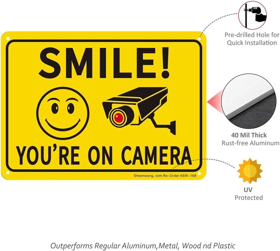 2-Pack Smile You’re On Camera Sign Video Surveillance Signs Outdoor. 10 X 7 In - Image 3 of 4