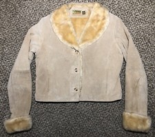 Vintage Hurley Gj04hn Tan Suede Leather Faux Fur Poly Lining Cropped Jacket L