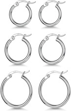 3 Pairs 925 Sterling Silver Hoop Earrings  Small White Gold Plated Hoop Earring