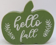 Celebrate 5 1/2" Green Wooden Pumpkin Decor "Hello Fall" Shelf Sitter.