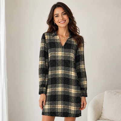 ICHI Plaid Shirt Dress 38 US M Black Cream 100% Cotton Long Sleeve Tunic
