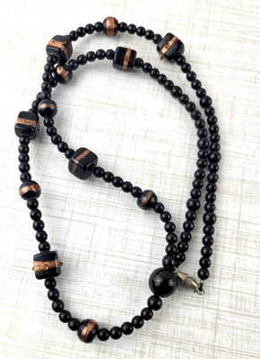Vintage Goldstone Black Glass Bead Necklace 25'' Barrel Clasp Square Round Beads