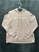 Columbia Hoodie Womens Medium Pink Fleece Lined Logo Kangaroo Pockets Drawstring