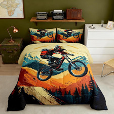 Mountain Biking Comforter Set King Size for Kids  Men - 3 Pcs Bedding Set