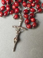 Rosary Necklace Wooden Oval Beads Silver Tone Crucifix Cross