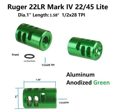 1'' Dia Green  Anodized Aluminum Ruger Mark IV 22/45 1/2x28 TPI Muzzle Brake 22LR