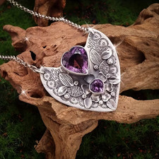 💜 Ciondolo catena cuore donna 💎 Pietra di vetro viola boho argento gioielli...