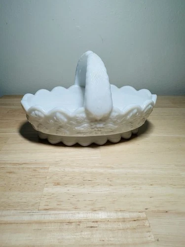 Vintage Westmoreland Milk Glass 6.5"L Basket Split Handle Grape Panel