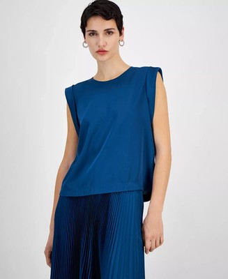 NWT! BOSS Orange Women's Solid-Color Sleeveless Leaska Blouse  Blue Size 8 $148