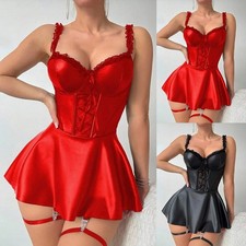 Gothic Style Faux Leather Suspender Dress Women Lace Bandage Clubwear Red