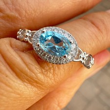 925 Sterling Silver Ring 6x4mm Natural Blue Topaz Gemstone Zircon Chain Women