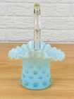 Fenton Aqua Opalescent Coin Dot Ruffled Top Hat Basket Art Glass