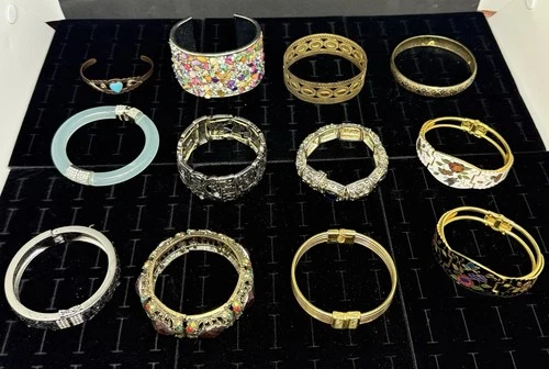 Vintage To Modern Costume Jewelry Bracelets 12 Piece Lot Silver & Gold Tones