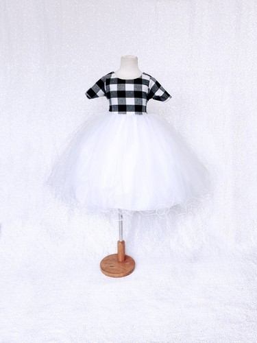 Short Sleeve White Black Plaid 2 Layer Tulle Toddler Gown Holiday Pageant Party - Picture 11 of 18
