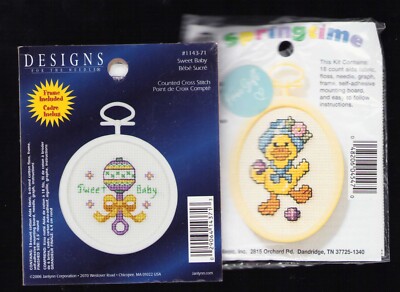 Lot of 2 Cross Stitch KITS frames thread fabric Baby Rattle Duck Toys Vintage