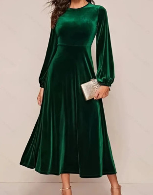 Women's Velvet Solid Empire Waist Lantern Sleeve A-Line Midi Dress Size L