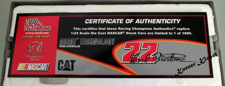 Ward Burton #22 2003 Dodge Intrepid - CAT Sponsered NASCAR 1:24 Diecast NIB - Image 4 of 4