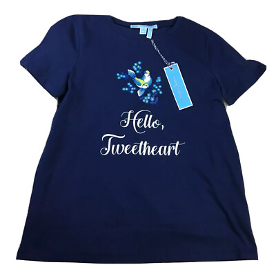NWT Draper James Hello Tweetheart Bird Graphic Casual Tee Shirt Navy Size Xs