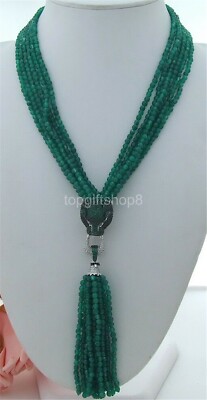 6 Strands Round Green Agate CZ Necklace Pendant 20''