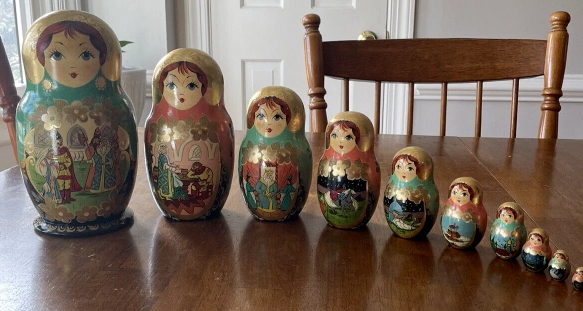 Russian Matryoshka Nesting Dolls 10 piece set Museum Quality SIGNED Gold Trimmed