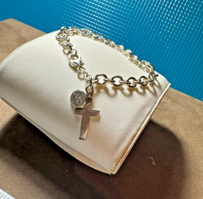 Vintage Sterling Silver Link Bracelet with attached Cross and Believe Pendant