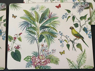 RARE *Pottery Barn CORK MAT Lia Palm Table 6 PLACEMATS Birds FLOWERS Pink