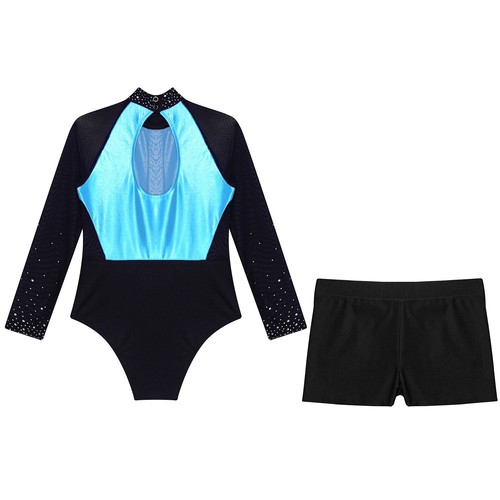 Kids Girl's Leotards With Shorts Patchwork Bodysuit Waistband Dance Outfit Mesh - Picture 45 of 77