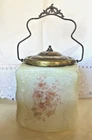 VINTAGE WAVECREST SQUARE BISQUIT JAR MILK GLASS HAND PAINTED METAL LID & HANDLE