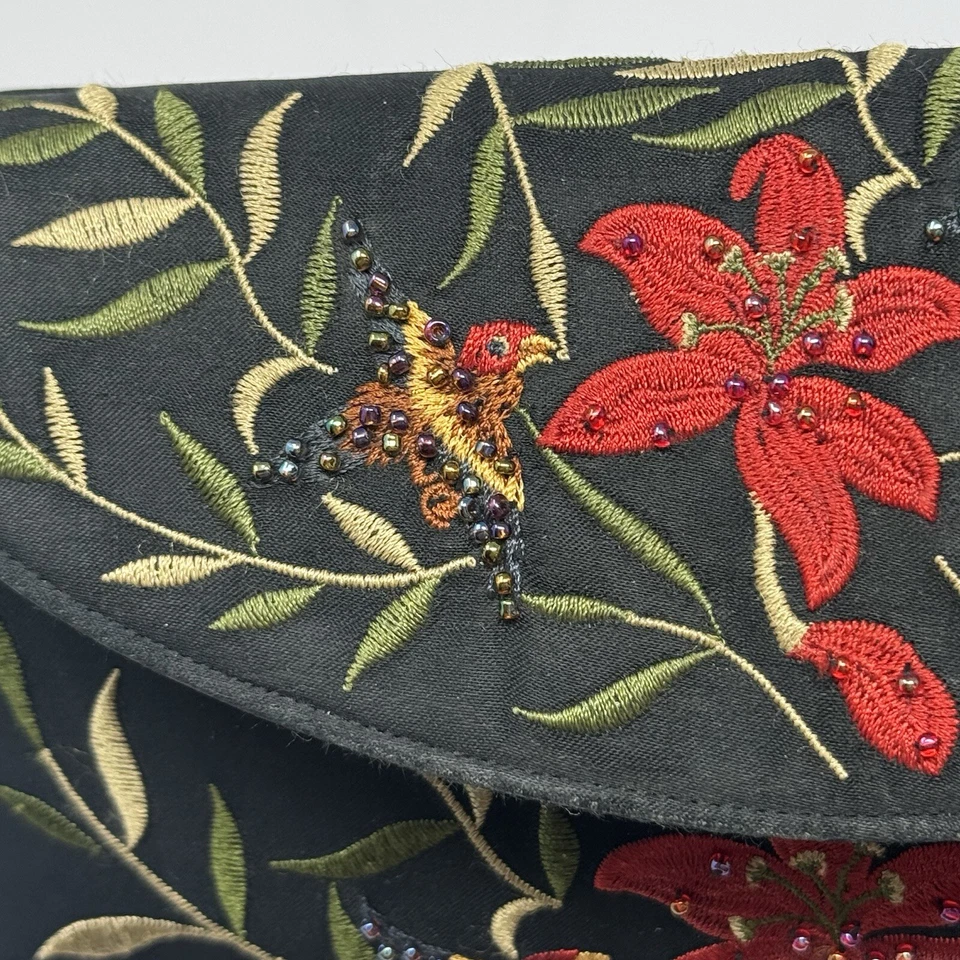 VTG Valerie Stevens Black Satin Crossbody Embroidered Beaded Bag Birds Flowers - Image 3 of 4