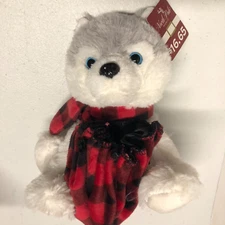 North Pole Trading Plush 8” Husky Dog Puppy Wears Red Plaid Scarf Gift Bag w/Tag
