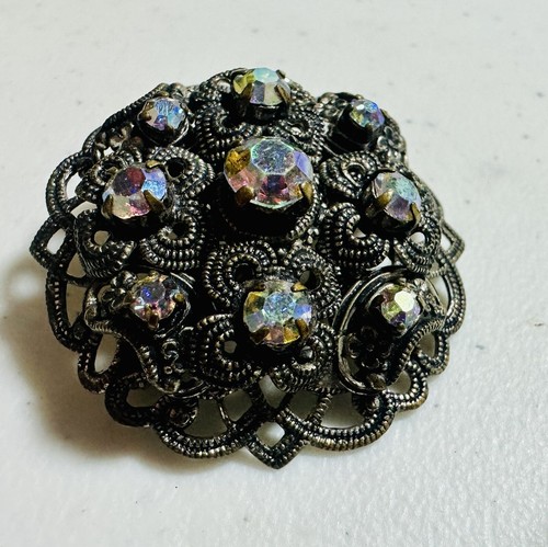 Vintage -Germany AB Rhinestone Filigree Brooch Pin - Picture 2 of 9