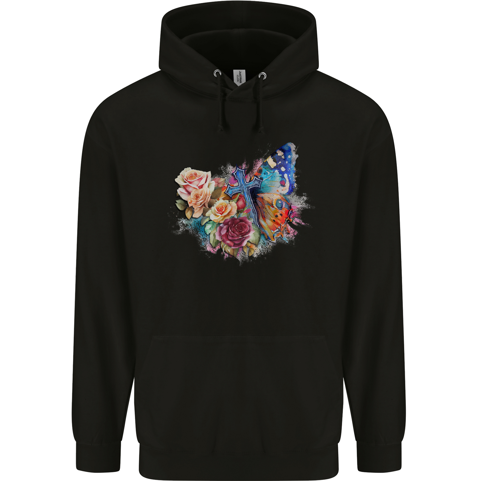 Christian Cross & Butterfly With Flowers Mens 80% Cotton Hoodie