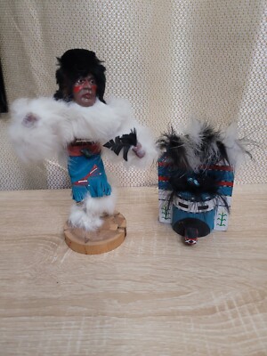Südwest Indianer tanzende Kachina Krieger Holzkopfadresse signiert Fell Leder