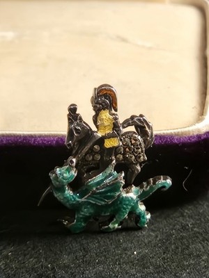 Vintage St George Slaying The Dragon Enamel and Marcasite Pin