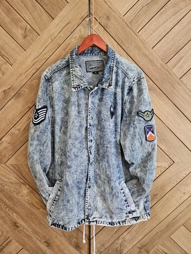 Brooklyn Cloth Men's XL Acid Wash Denim Jacket Military Patches Distressed Jean - product listing photo