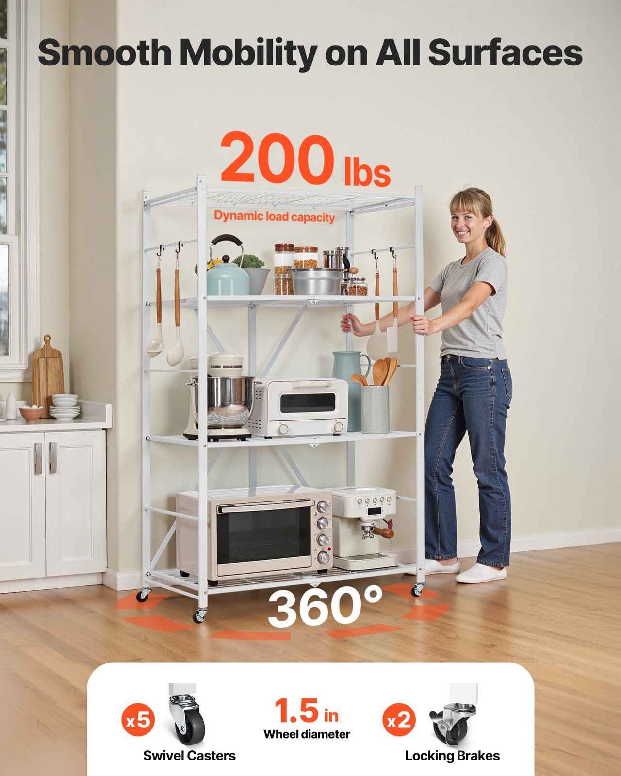 4-Tier Rolling Cabinet with Foldable Structure No Assembly Shelf