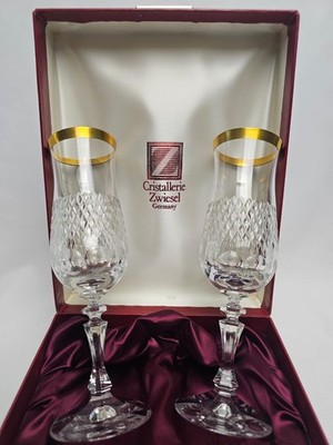 Cristal D'Arques Longchamp Sektflöten mit Diamantschliffmuster Goldrand