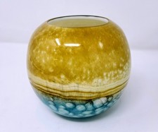 Heavy Art Glass Round Vase Aqua Blue Turquoise w/ Tan Brown Hand Blown Glass