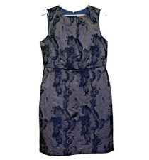 Ann Taylor Loft Sheath Dress Womens Sz 14 Gray Print Sleeveless Pleated Neckline