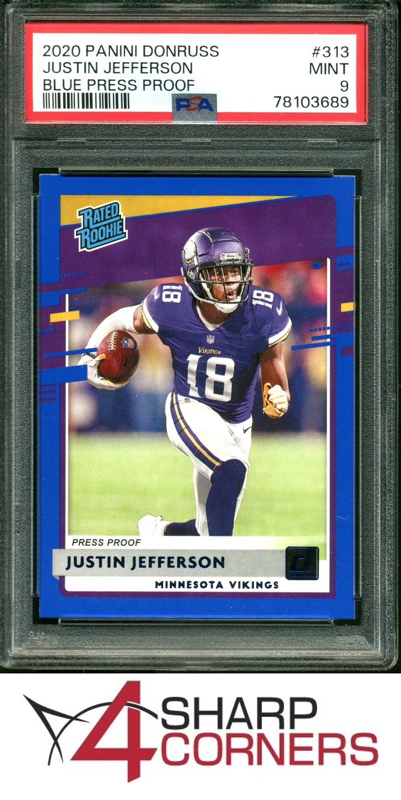 2020 PANINI DONRUSS BLUE PRESS PROOF #313 JUSTIN JEFFERSON RC RATED ROOKIE PSA 9